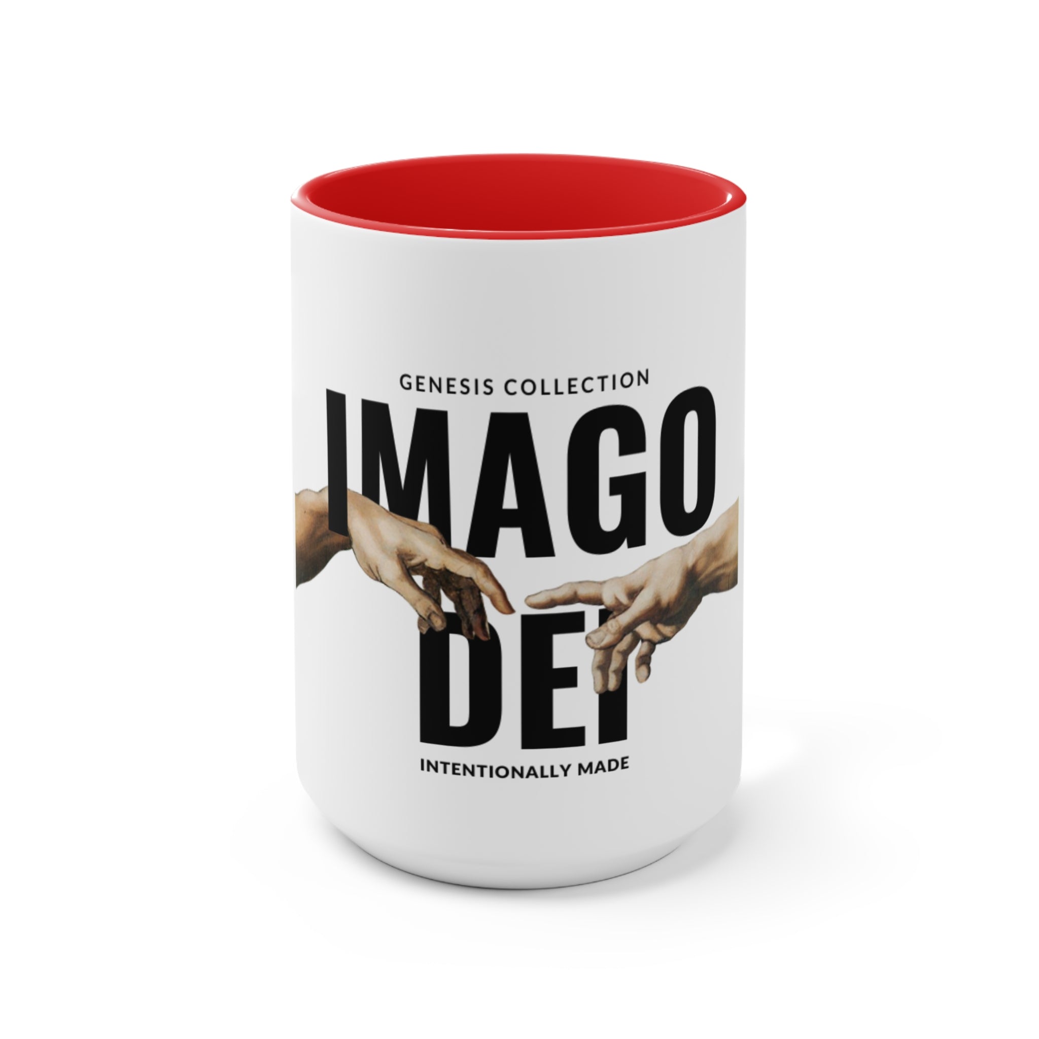 Imago Dei Accent Mug — Genesis Collection Ceramic Coffee Cup (Pink Interior)