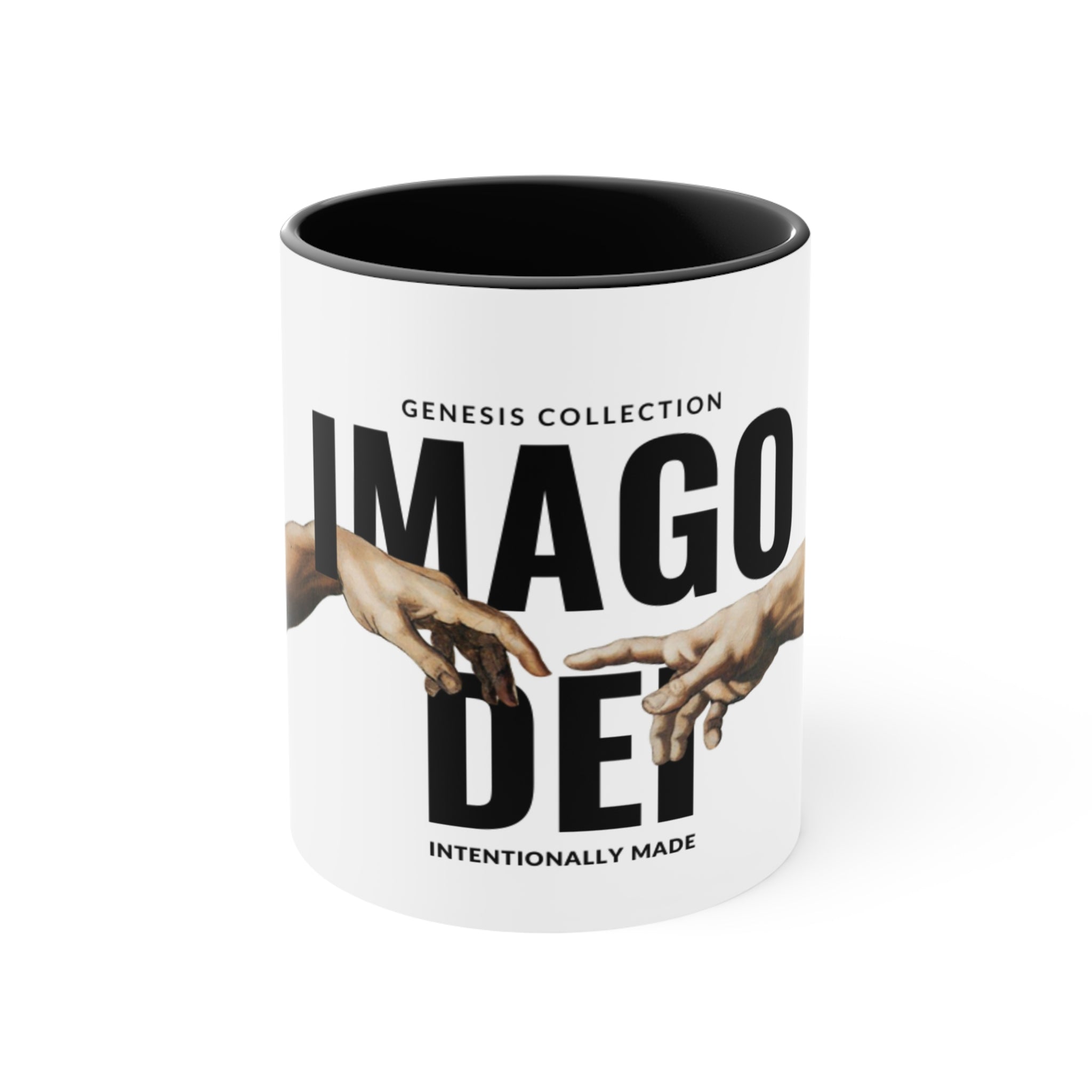 Imago Dei Accent Mug — Genesis Collection Ceramic Coffee Cup (Pink Interior)