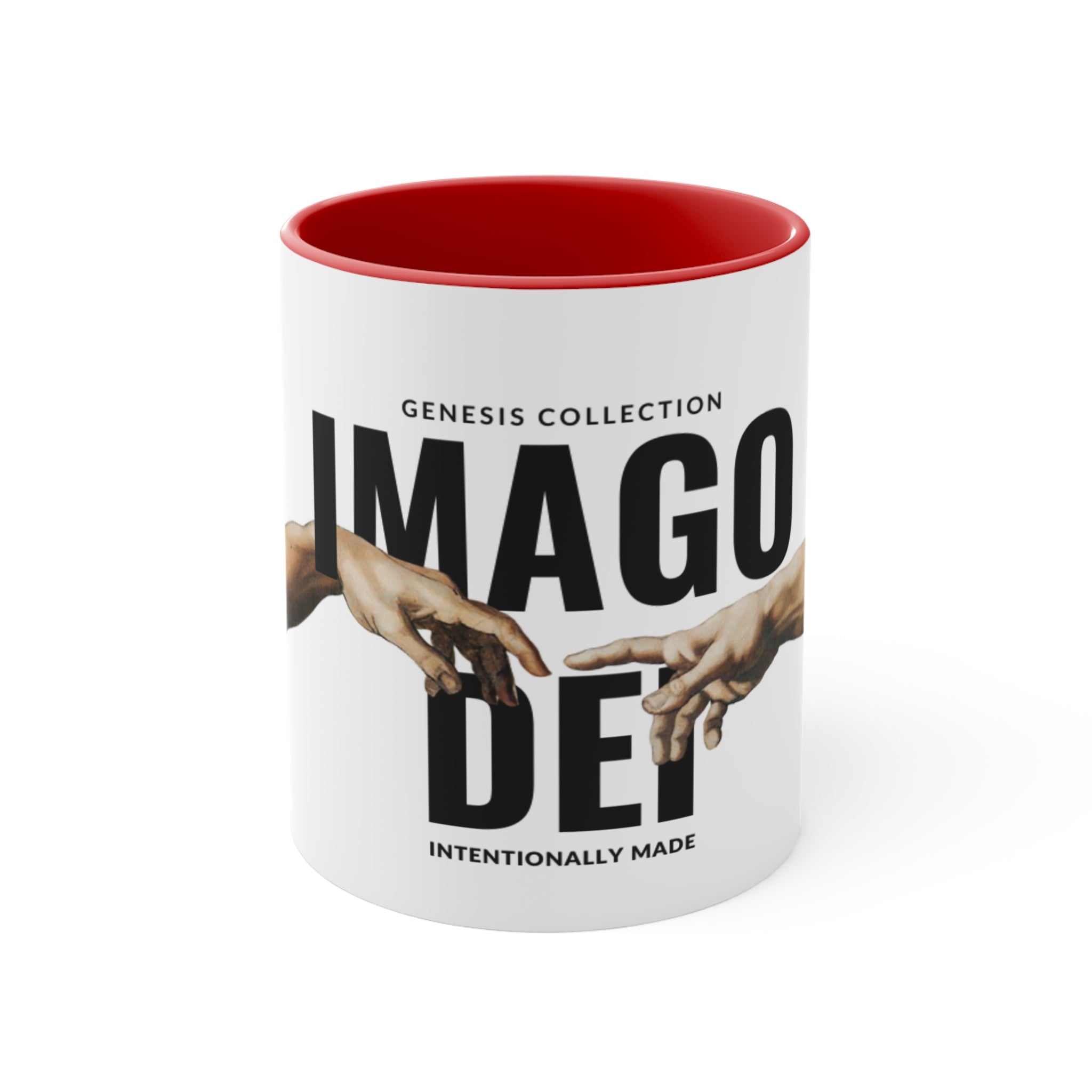 Imago Dei Accent Mug — Genesis Collection Ceramic Coffee Cup (Pink Interior)