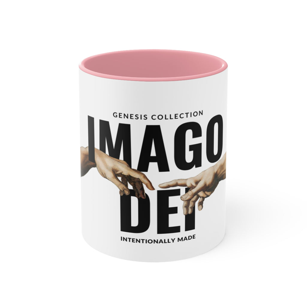 Imago Dei Accent Mug — Genesis Collection Ceramic Coffee Cup (Pink Interior)