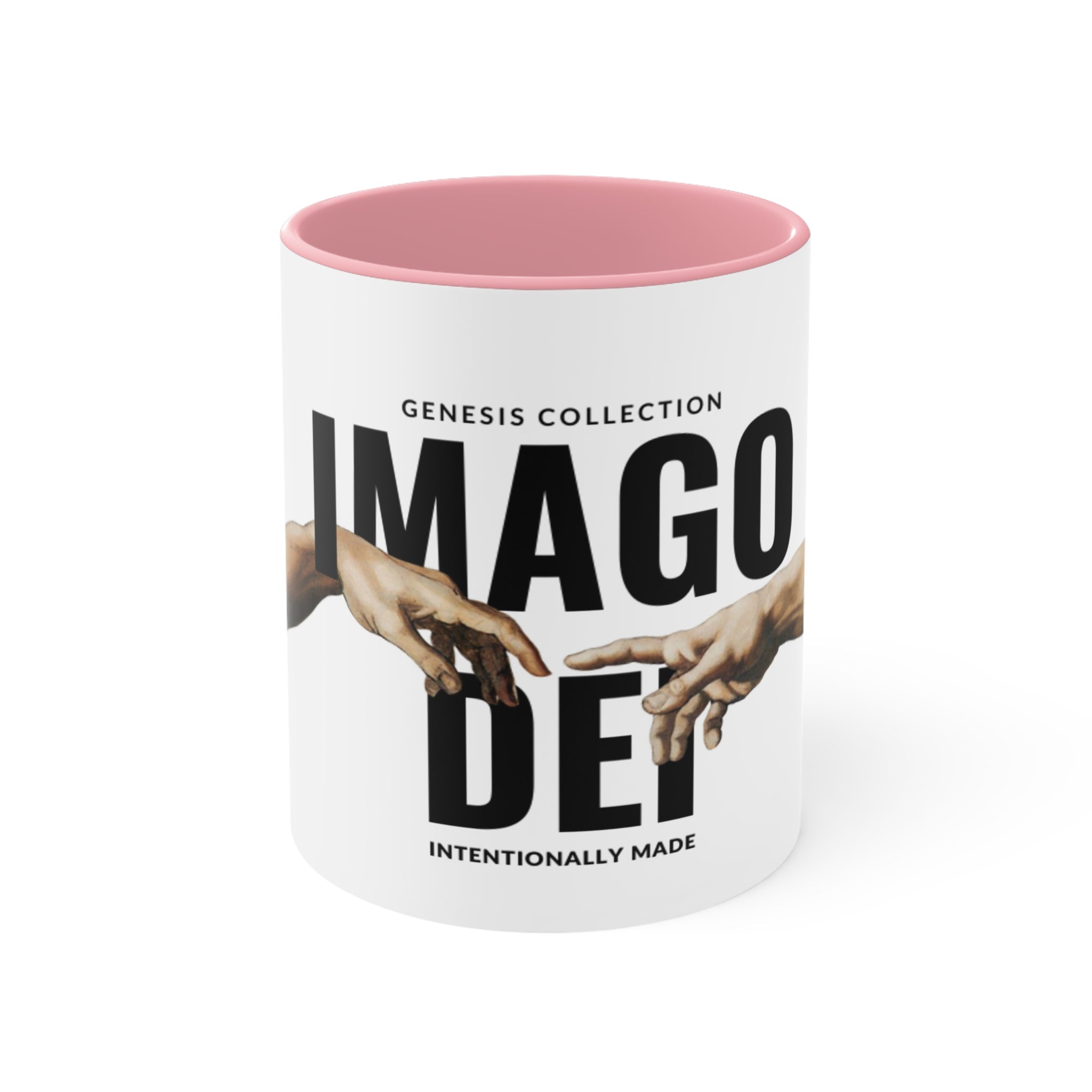Imago Dei Accent Mug — Genesis Collection Ceramic Coffee Cup (Pink Interior)